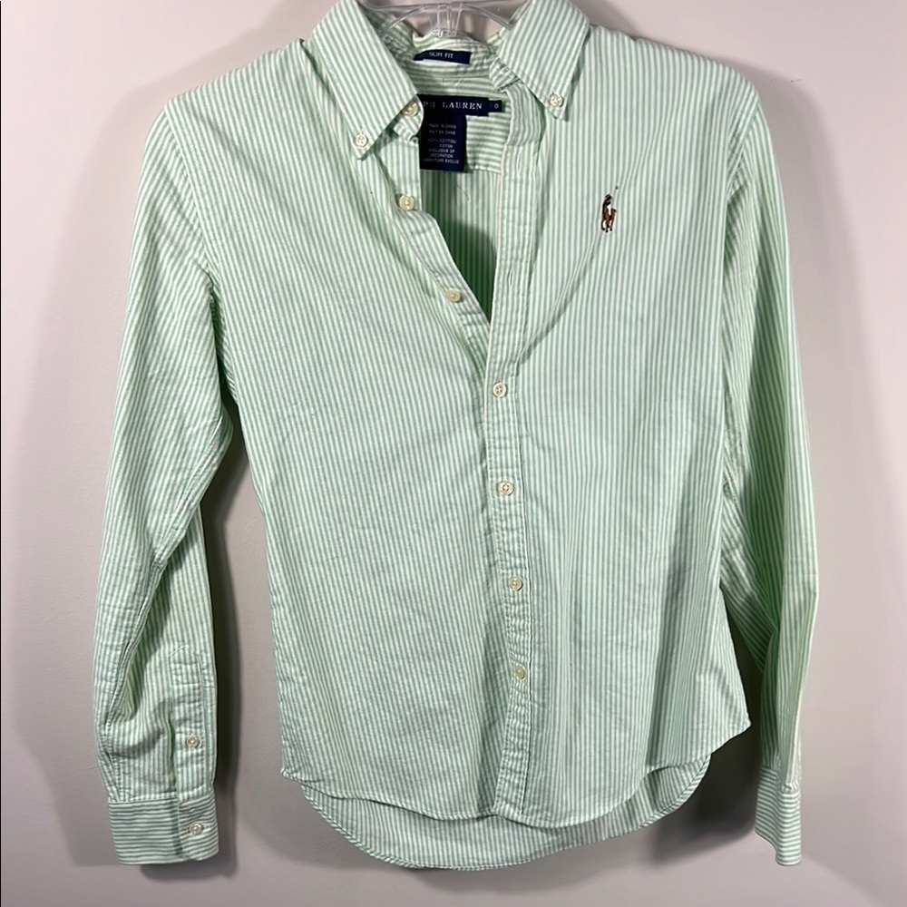 Ralph Lauren Women’s size 0 Mint Green Striped Button-Down Shirt